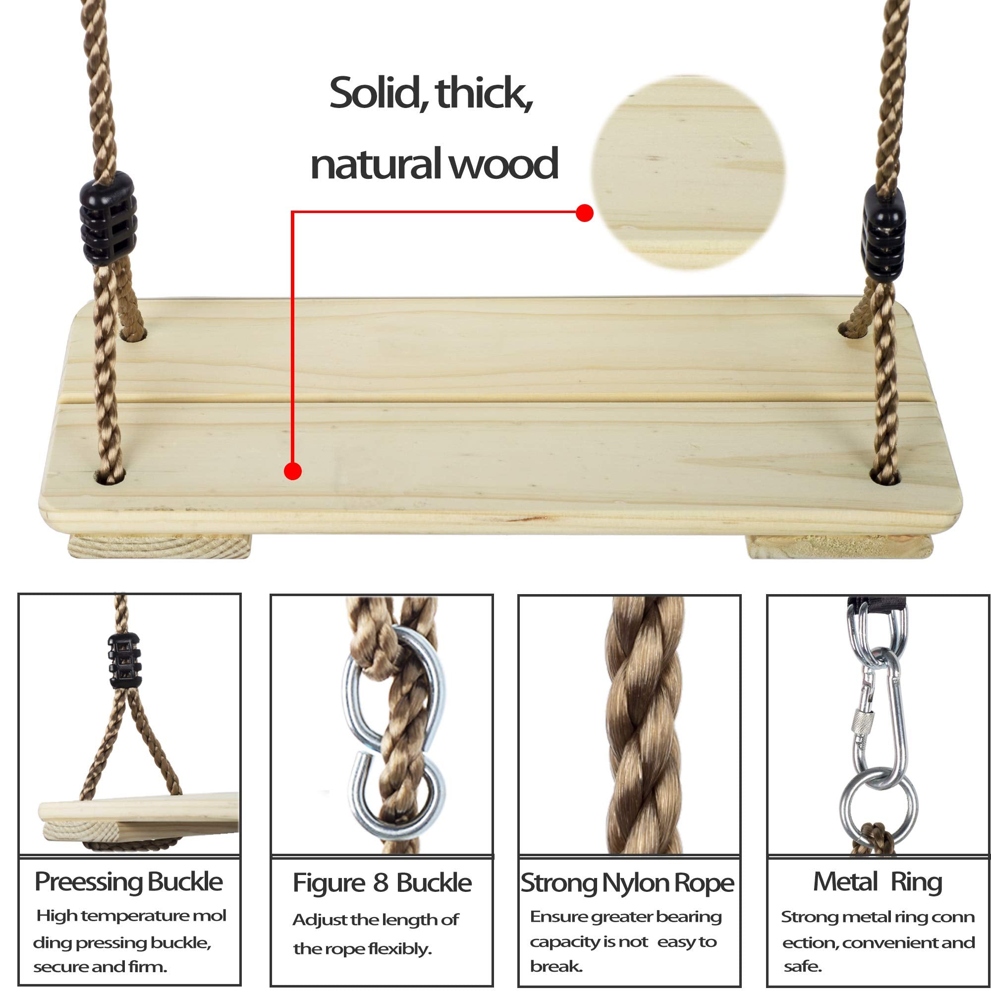 NOSTIFY Wooden Swing Seat, Nostalgic Outdoor Wood Swing for Kids, Tree Straps Set Accessories for Backyard Patio Garden Playground, Height Adjustable (Raw wood)