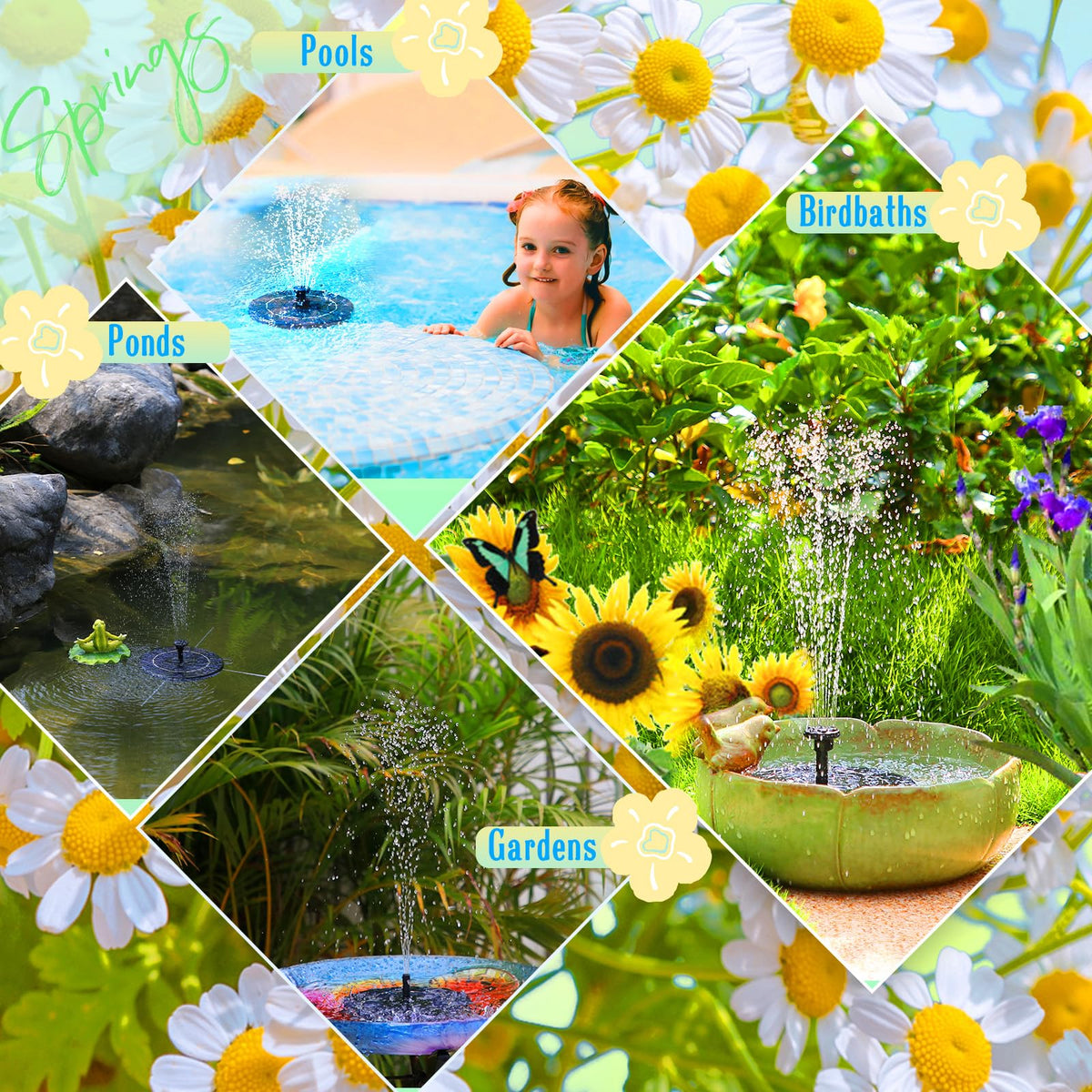 AMZtime Solar Fountain, Upgraded Solar Bird Bath Fountains with 6 Nozzles