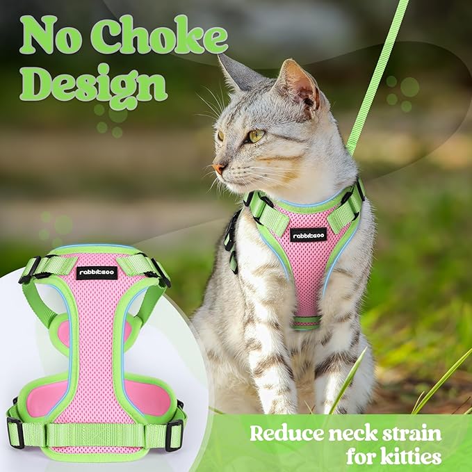 rabbitgoo Cat Harness and Leash Set, Escape Proof Soft Adjustable Vest Harnesses for Outdoor Walking, Easy Control Breathable Kitten Jacket with Reflective Strips, Pink & Light Green, M