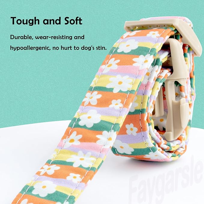 Faygarsle Colorful Floral Dog Collar, Cotton Fabric with Daisy Pattern, Multi-Color Stripes Spring Summer Design for Small Medium Large Dogs, XS