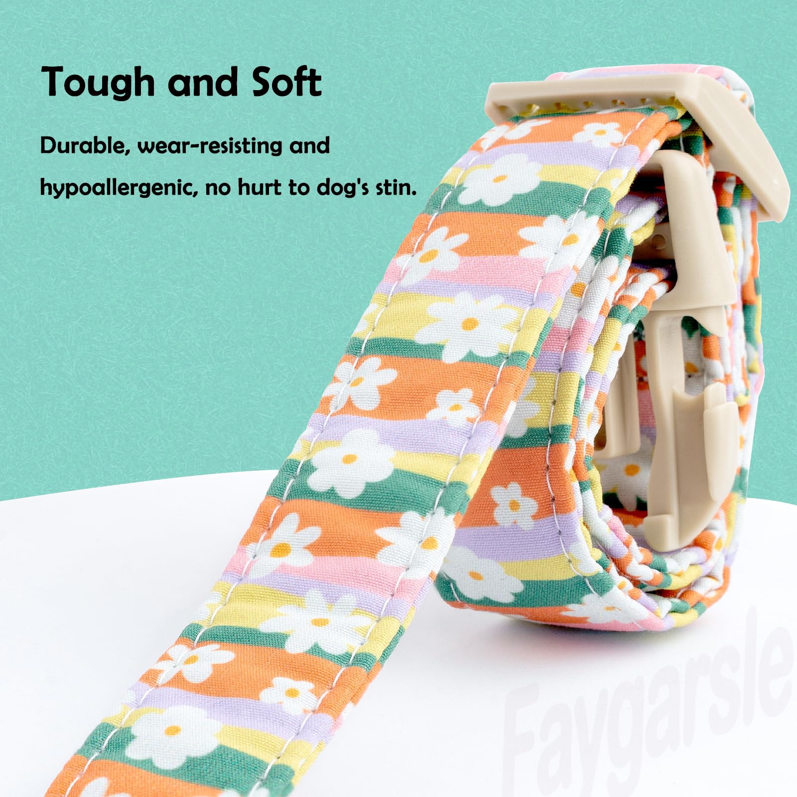 Faygarsle Colorful Floral Dog Collar, Cotton Fabric with Daisy Pattern, Multi-Color Stripes Spring Summer Design for Small Medium Large Dogs, S