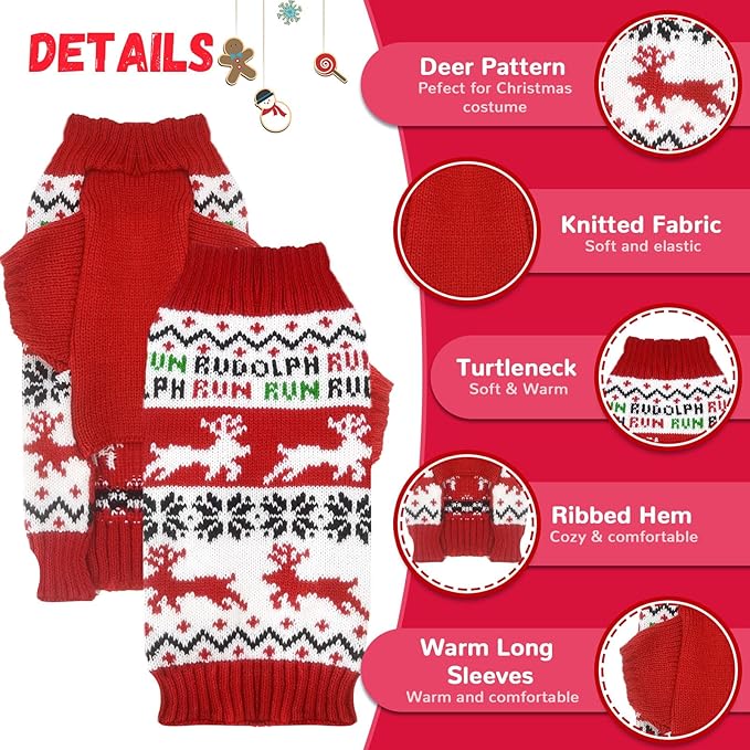 Dog Christmas Sweater Xmas Pet Clothes Cute Reindeer Christmas Dog Costume Outfits Holiday Knitwear Puppy Cat Jumpers New Year Gifts for Small Medium Large Dogs(Red Runing Deer,M)