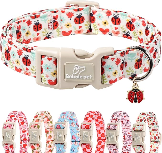 Ladybug Dog Collar for Small Dogs - Cute Spring/Summer Dog Collar, Lightweight Adjustable Cartoon Love Bug Garden Mom Dogs Collars with Quick Release Buckle XS