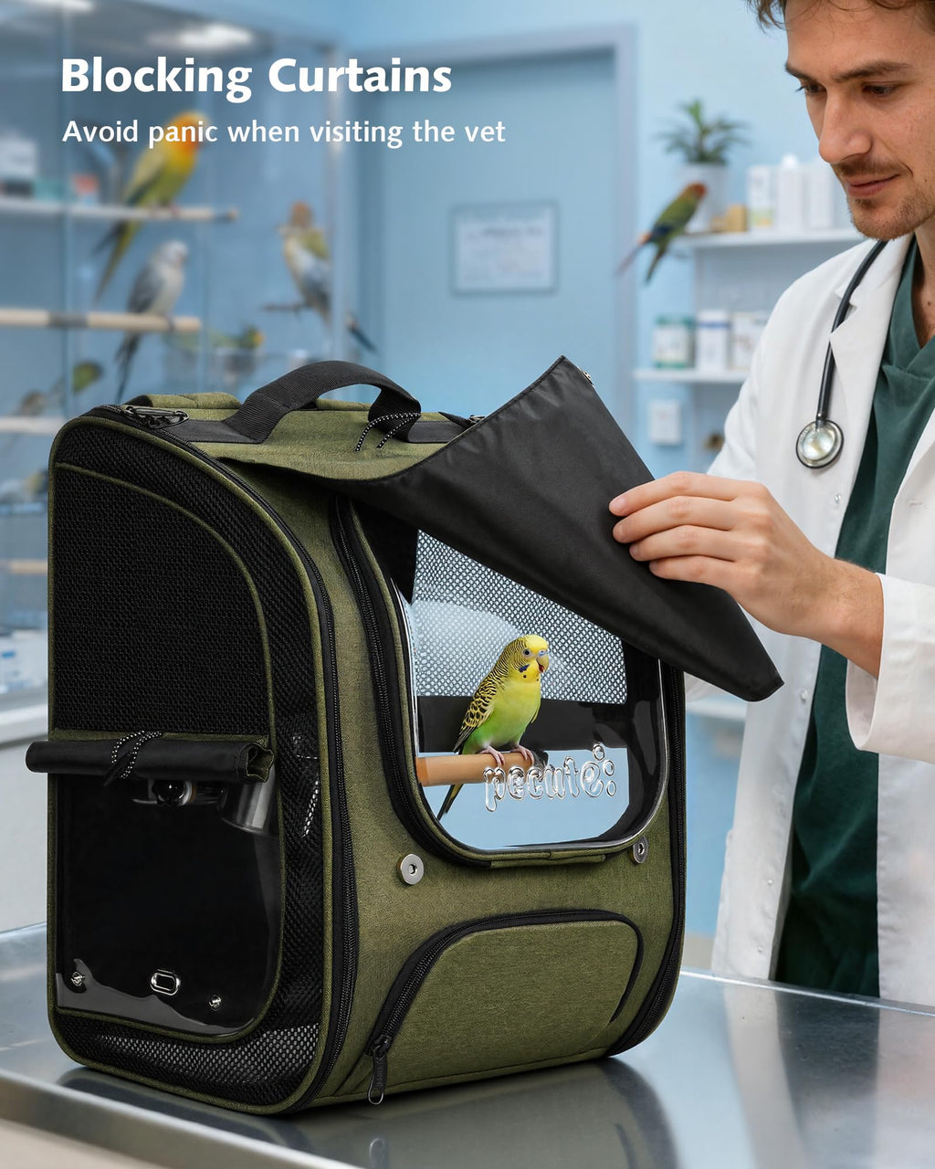 Pecute Bird Backpack Carrier with Standing Perch for Small Parrot, Green