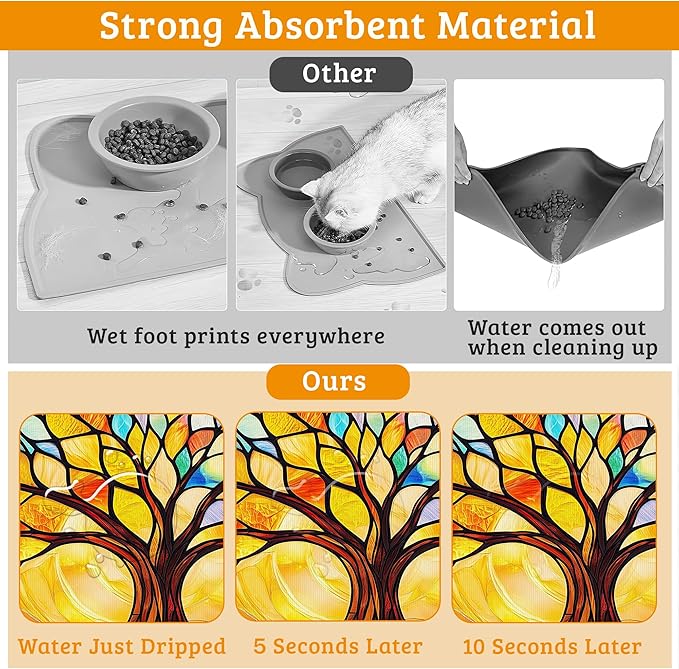 Tree of Life Feeding Mat,Colorful Tree Absorbent Quick-Dry Cat Dog Food and Water Bowl Mats,Non-Slip Rubber Backing Mat,Cat Dog Accessories Supplies 12" x 20"