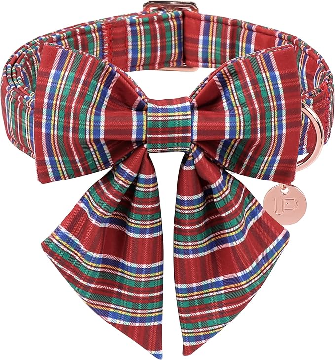 UP URARA PUP Christmas Plaid Dog Collar with Bow, Red and Blue Check Adjustable Pet Collar with Quick Release, Christmas Stripes Bowtie Collar for Small Medium Large Dogs L