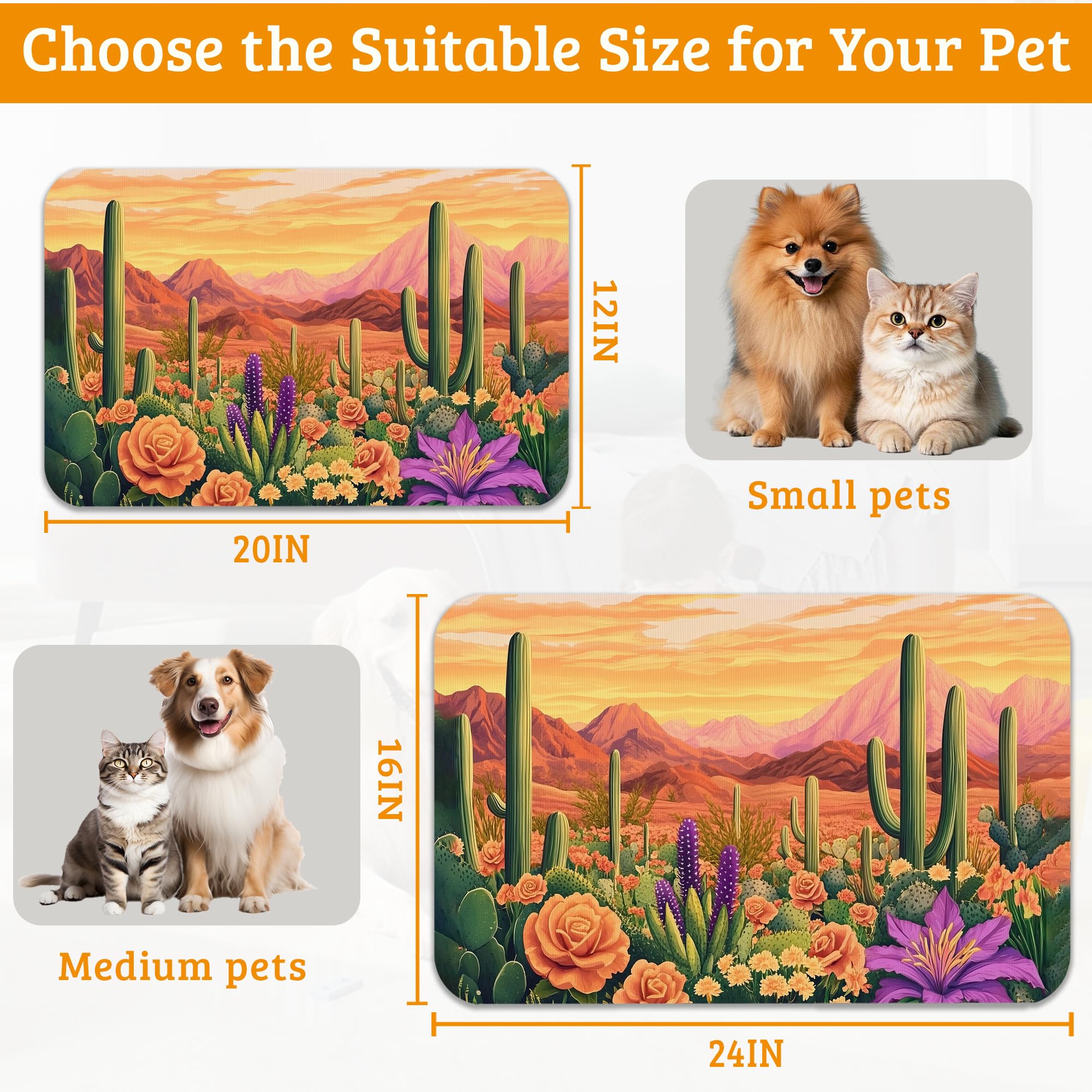 Pet Feeding Mat,Cactus Absorbent Dog Cat Food Mat Desert Dog Mat with Rubber Backing,Non-Slip Water Bowl Placemat,Pet Supplies 16" x 24"