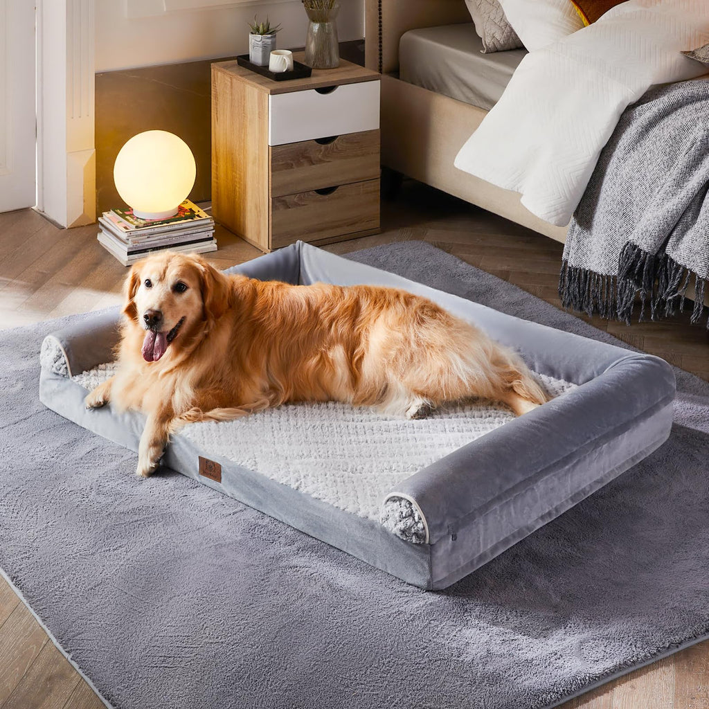 WNPETHOME Orthopedic Dog Beds for Extra Large Dogs, Waterproof Memory Foam XL Pet Bed with Sides, Non-Slip and Egg-Crate Foam Big Dog Couch Bed with Washable Removable Cover, Grey