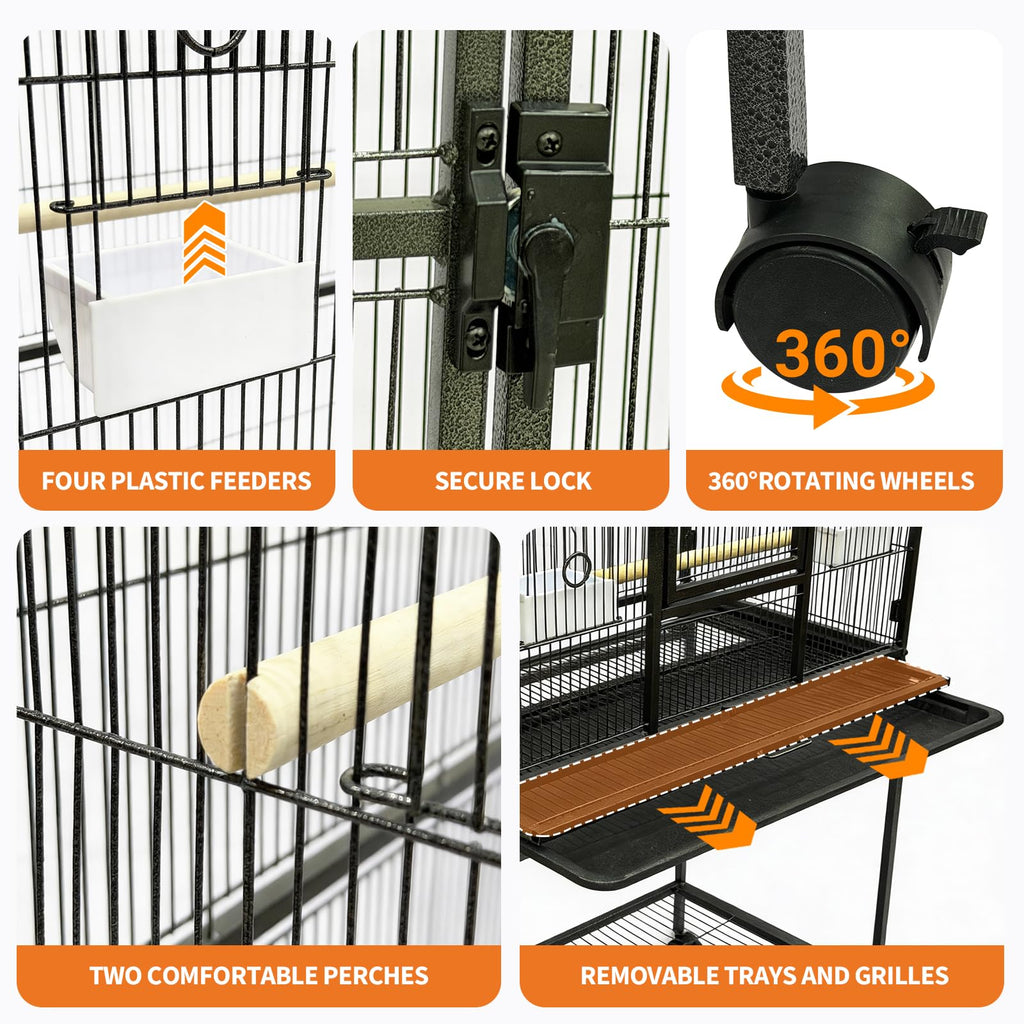GarveeHome 62.6" H Large Bird Cage, Bird Cage with Rolling Storage Stands, Feed Bowls, Wide Tall Parrot Cage for Parakeets, Conures, Cockatiel, Cockatoo