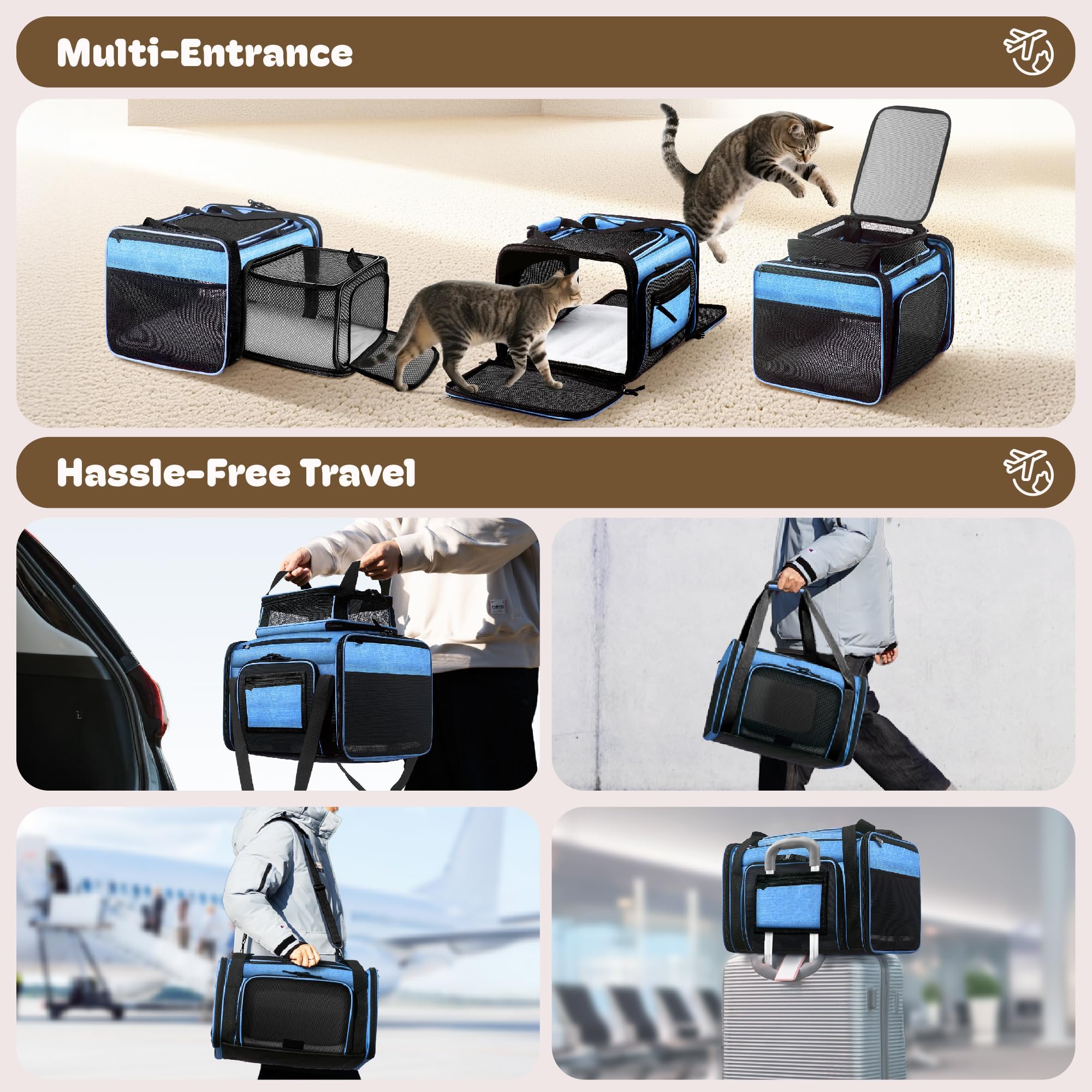 Top and 2 Sides Expandable Cat Carrier 18x11x11 TSA Airline Approved