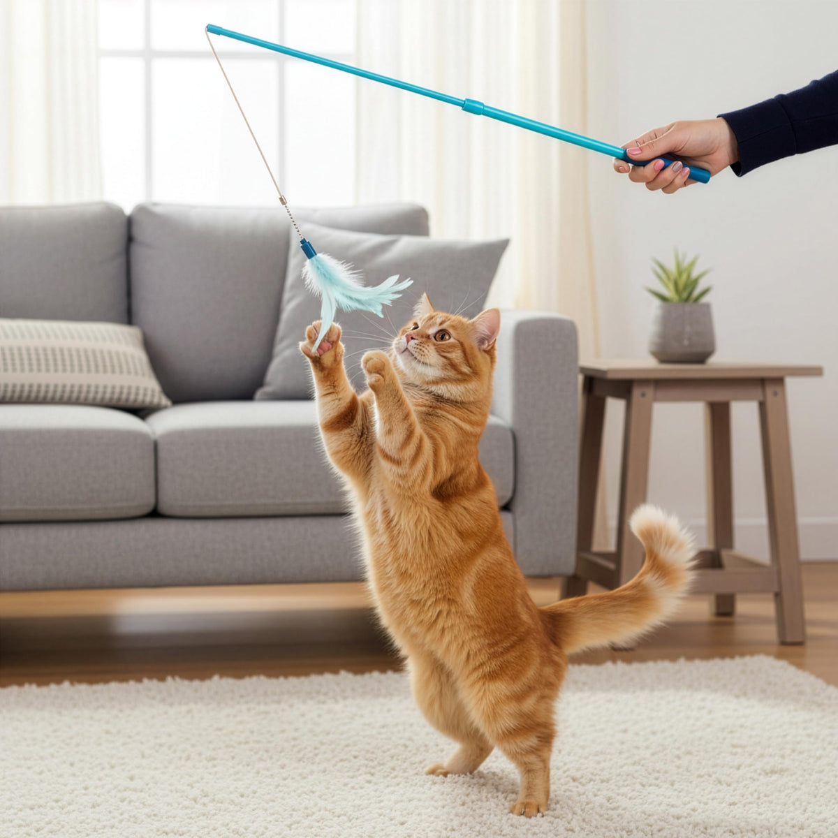 SmartyKat Frisky Flyer Feather Wand Cat Toy, Extendable Up to 24" - Blue, One Size