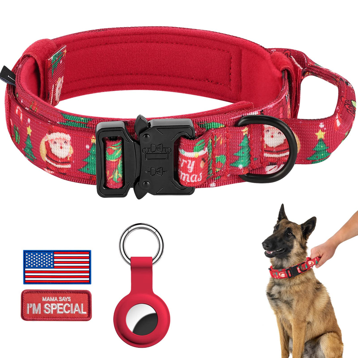 DAGANXI Tactical Dog Collar, Adjustable Military Training Nylon Dog Collar with Control Handle and Heavy Metal Buckle for Medium and Large Dogs, with Patches and Airtags Case (L, Pink)