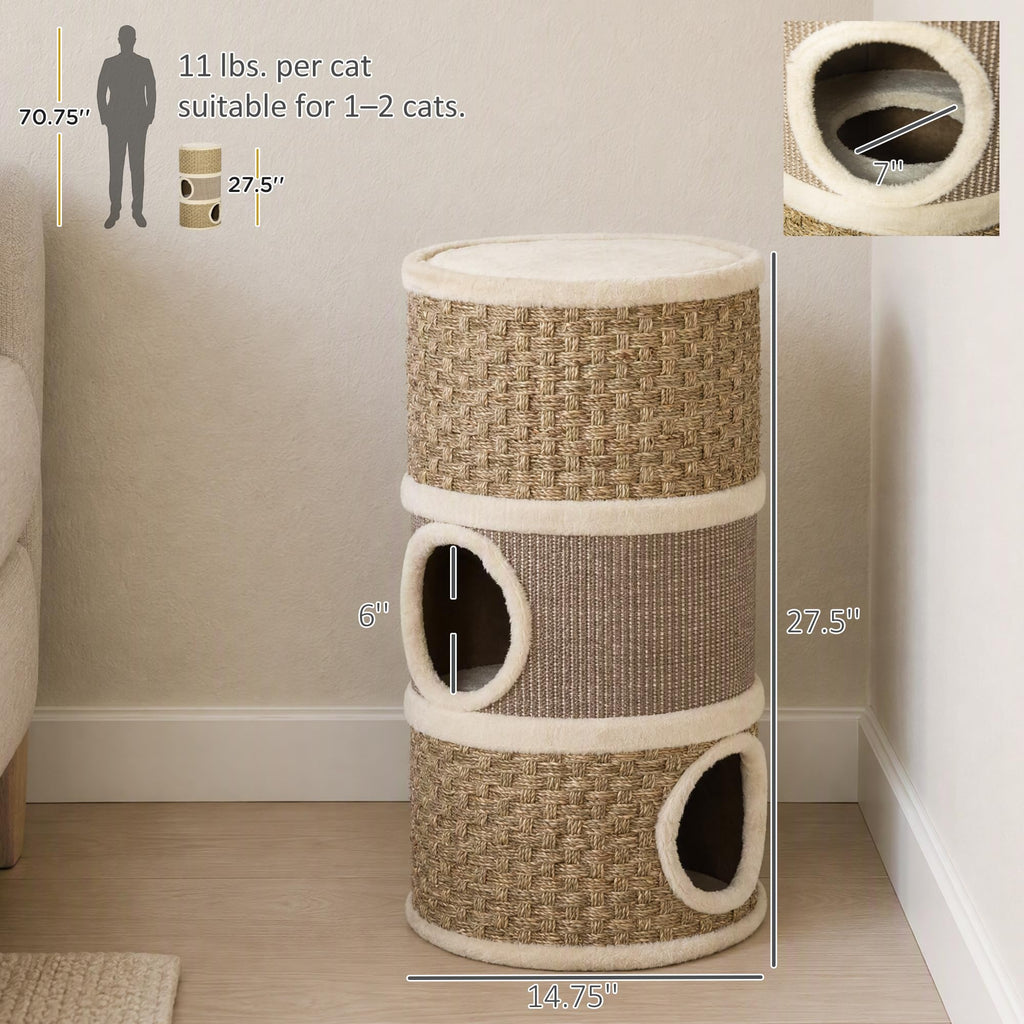 PawHut 28 Inch Cat Condo, 3 Story Cat Hideaway with Sisal Scratching Pad, Barrel Shaped Small Cat Tree for Indoor Cats, Khaki and Brown