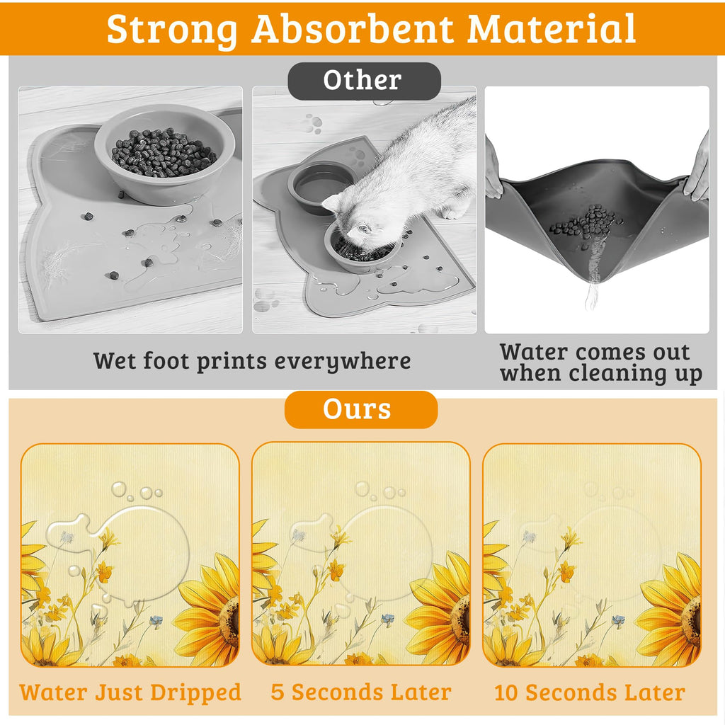 Yellow Floral Feeding Mat,Sunflower Absorbent Quick-Dry Cat Dog Food and Water Bowl Mats,Non-Slip Rubber Backing Mat,Cat Dog Accessories Supplies 16" x 24"