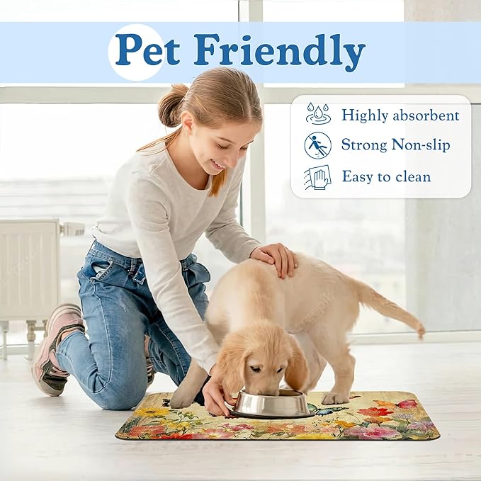 Vintage Butterfly Floral Pet Food Mat for Cats and Dogs–Christmas Stocking Absorbent Quick Dry Feeding Placemat, Non Slip Rubber Base, Waterproof Bowl Mat for Indoor Use, Pet Supplies 16"x24"