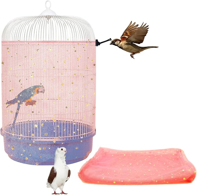 LYMOI Bird Cage Seed Catcher, 45-90'' Adjustable Bird Cage Cover, Universal Nylon Bird Cage Mesh Net, Bird Cage Skirt Guard Accessories for Parrot Parakeet Macaw Round Square Cage (Pink)