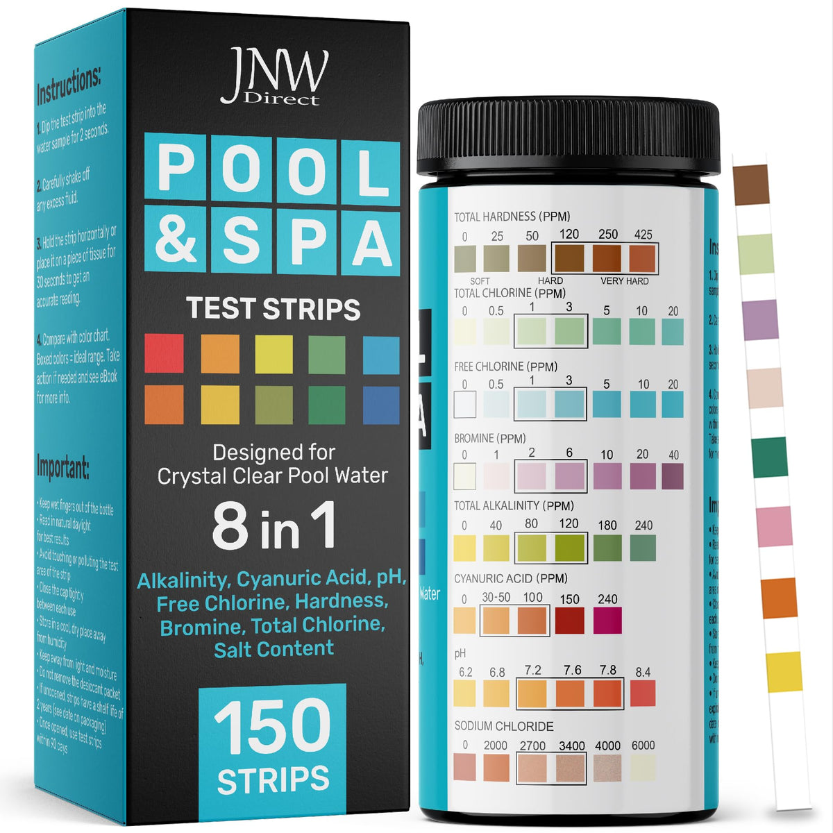 JNW Direct Pool Test Strips for Pools and Spas - 8 in 1 Water Test 150 Pack