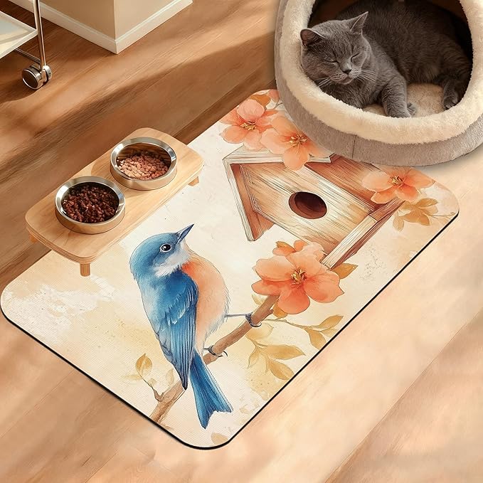 Dog Paws Cat Food Mat,Bones Absorbent Pet Feeding Mat for Food and Water Bowl,Quick Dry Dog Placemat Non Slip Rubber Backing Waterproof Pet Supplies 16" x 24"