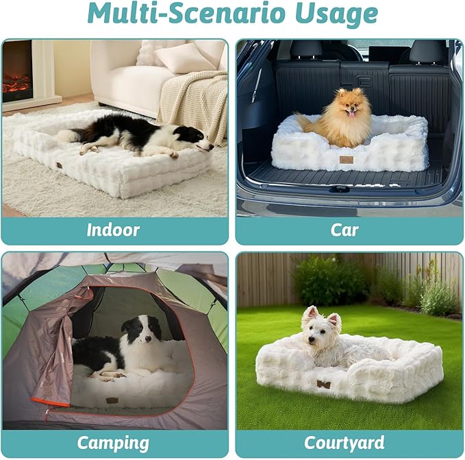 Orthopedic Dog Bed for Large Medium Size Dog, Soft and Warm Faux Fur Sofa for Pet Up to 75 lbs, Foam Bolster Anti-Slip Couch with Washable Removable Cover, L 36x27x6.5 inch, Beige