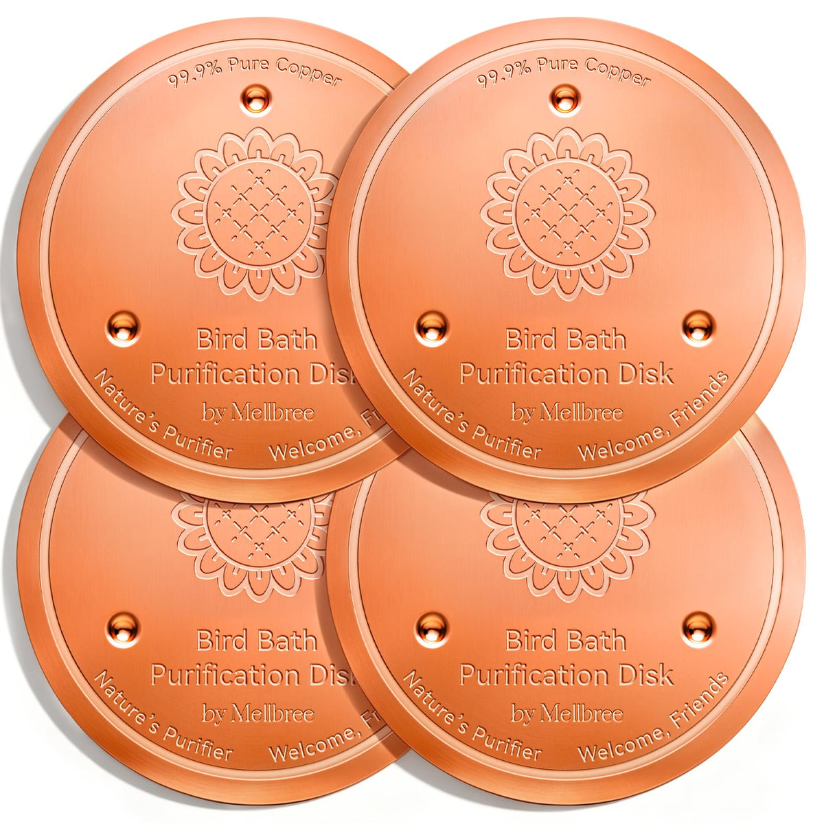 Mellbree 4-Pack Bird Bath Copper Disc, 0.6mm Reinforced 99.99% Pure Copper Cleaning Disk with Triple-Point Support for Physical Safe Clean Water All-Season (Sunflower)