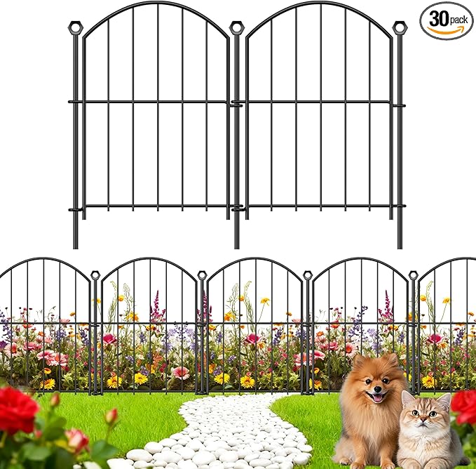 Decorative Garden Fence 17in x30ft, 30 Pack Rustproof Metal No Dig Fence Animal Barrier for Dog, Arched Flower Bed Edging Ornamental Wire Border Panel Fencing (White