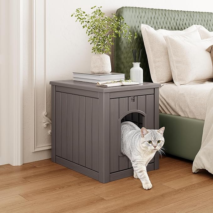 Cat Litter Box Enclosure, Hidden Litter Box with Openable Front Door, Outdoor Cat House Weatherproof, Side Table, Easy to Clean and Assembly, Dark Gray
