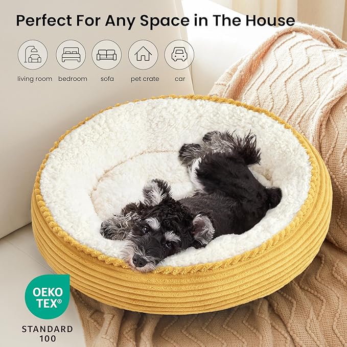 Love's cabin Round Donut Cat and Dog Cushion Bed, 24in Pet Bed for Small or Medium Dogs, Anti-Slip & Water-Resistant Bottom, Soft Durable Fabric Pet Beds, Washable Calming Cat Bed Yellow