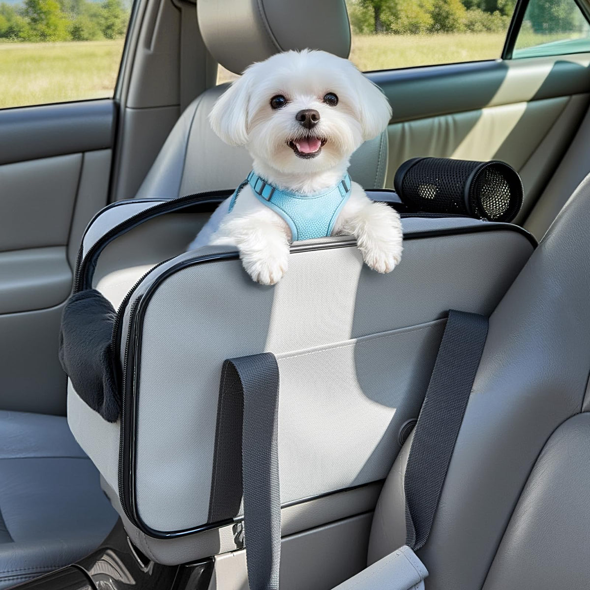 PETSFIT Multipurpose Center Console Dog Car Seat, Airline Approved Dog Car Carrier with Safety Tether and Pockets, Portable Cat Car Seat, Dog Car Seats for Small Dogs, Cats Up to 9 LBS (Deep Grey)