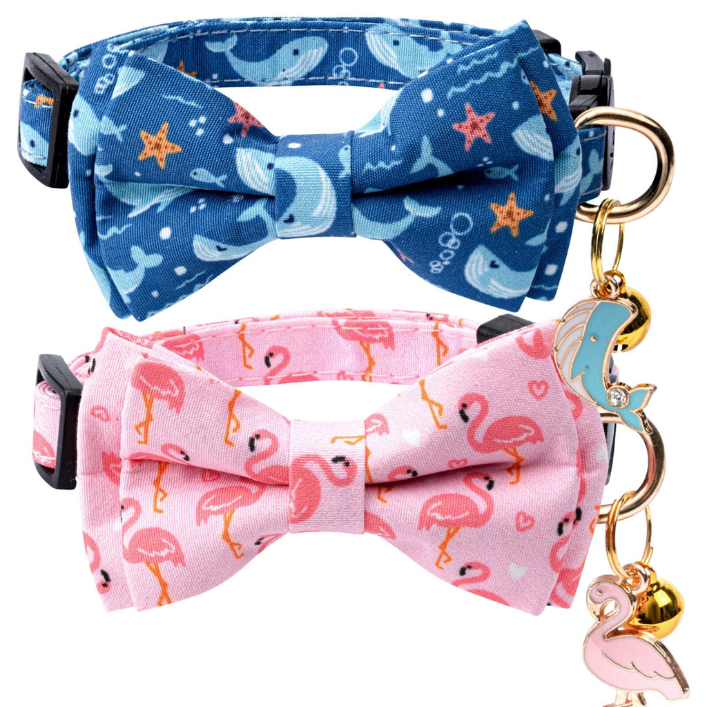 Jelwuion 2 Pack Cotton Cat Collar with Bow Tie and Bell for Girl Boy Cats,Cute Pink Flamingo and Blue Whale Pattern Spring Summer Breakaway Cat Collar for Male Female Cats (Flamingo&Whale)