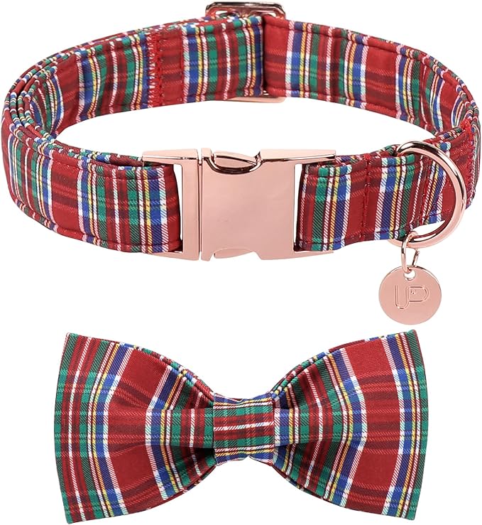 UP URARA PUP Christmas Plaid Dog Collar with Bow, Red and Blue Check Adjustable Pet Collar with Quick Release, Christmas Stripes Bowtie Collar for Small Medium Large Dogs XS
