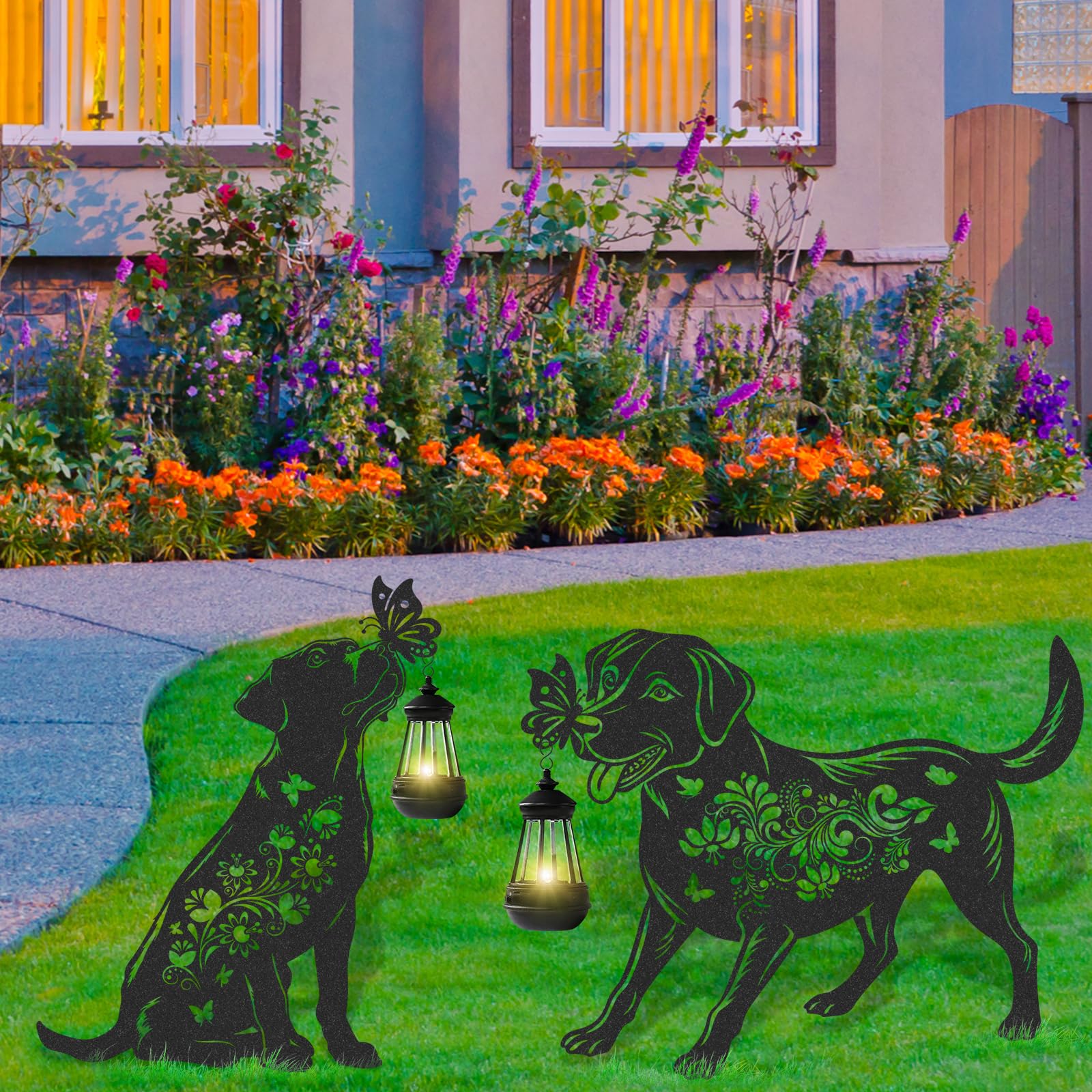 LIRAVENO Solar Lights Garden Decor - 2 Pcs Metal Dog Statues Outdoor