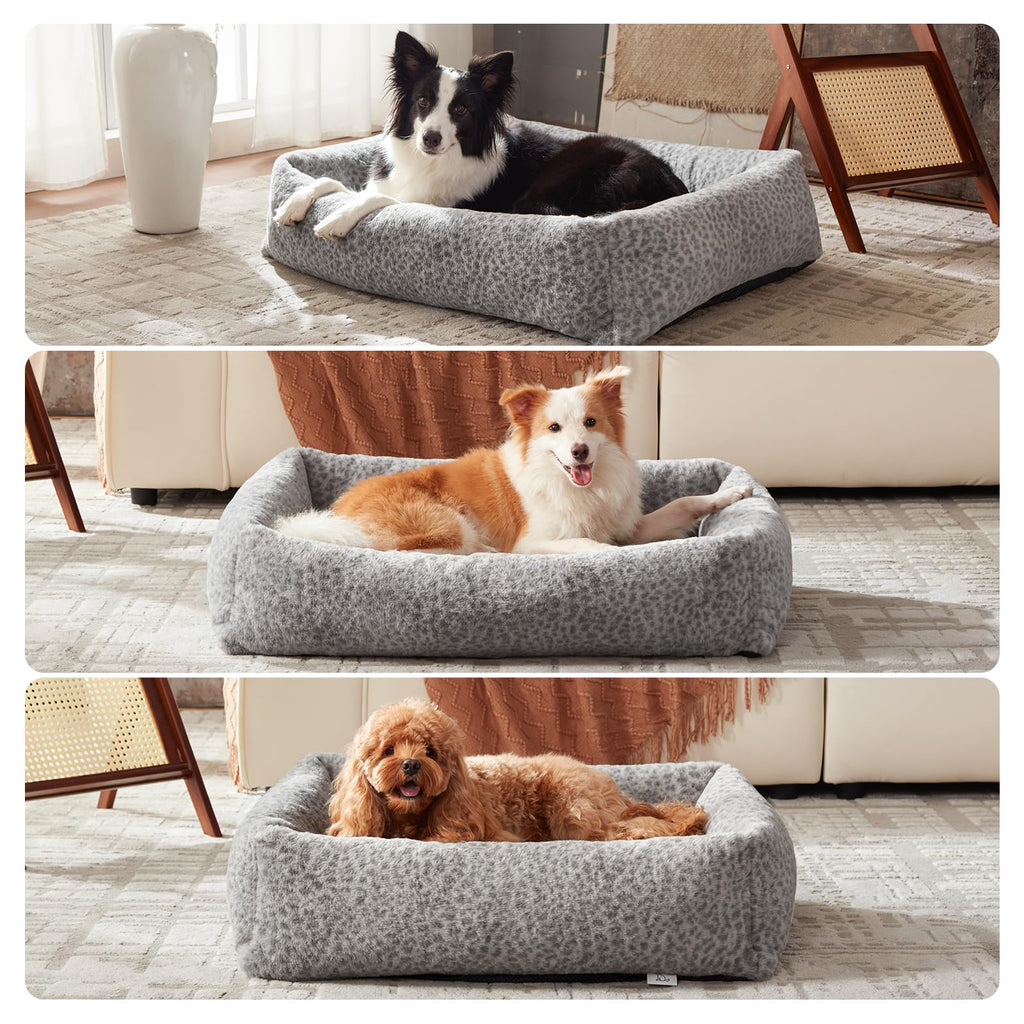 JOEJOY XL Dog Beds Large Sized Dog, Removable Washable Cover Orthopedic Soft Faux Rabbit Fur Pet Bed, Anti-Slip Fluffy Plush Faux Rabbit Fur Puppy Bed, 42"x36"x9", Leopard Print, Grey