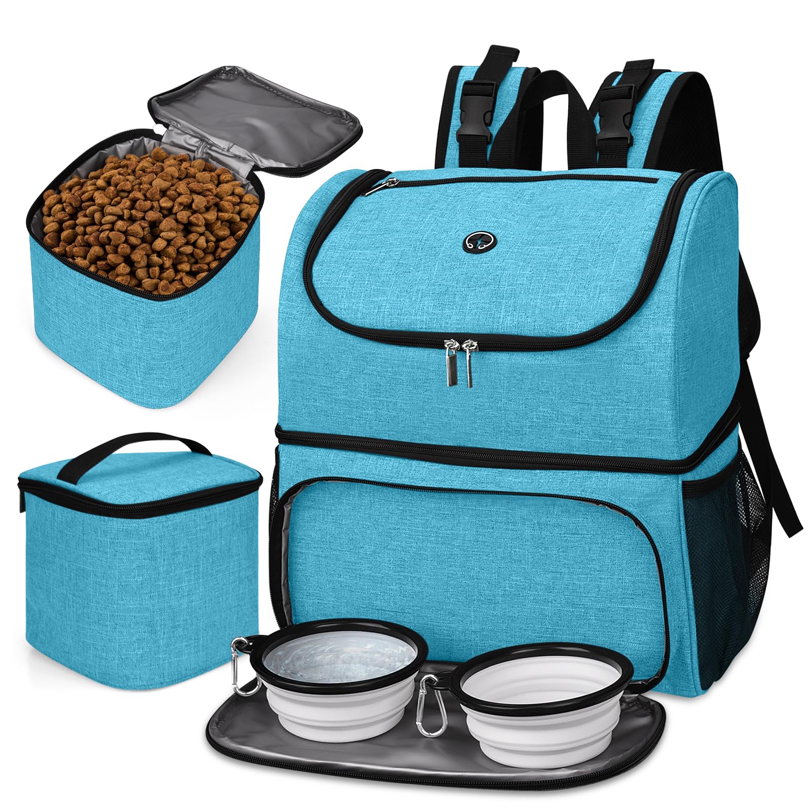 BAGLHER Pet Travel Bag, Double-Layer Pet Supplies Backpack (for All Pet Travel Supplies), Pet Travel Backpack with 2 Silicone Collapsible Bowls and 2 Food Baskets Sky Blue