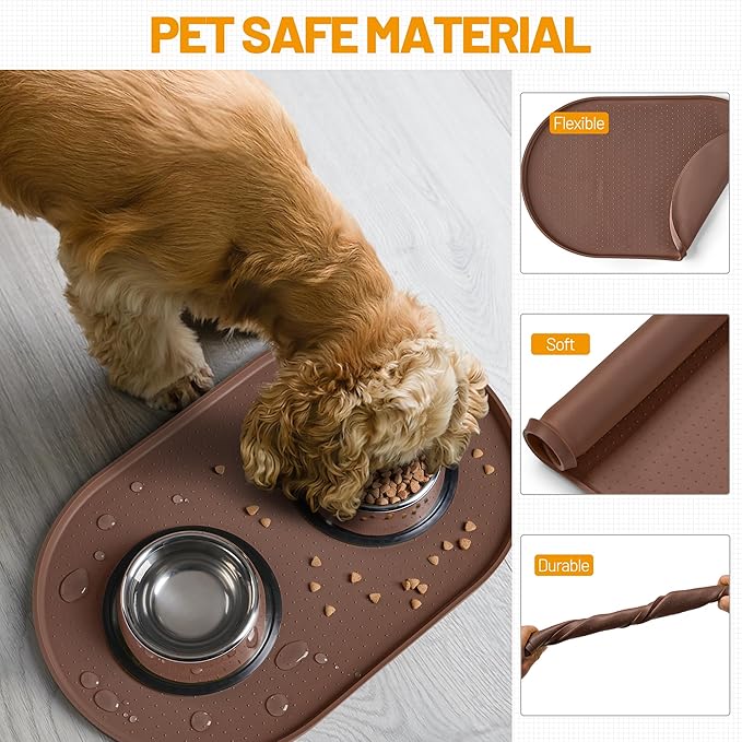 Hubulk 100% Waterproof Silicone Pet Feeding Mat with Raised Edge for Food and Water, Dog Bowl Mats, Cat Bowls Placemat with High Lip Protects Floor for Cats and Dogs (Brown, 19" L x 12" W)