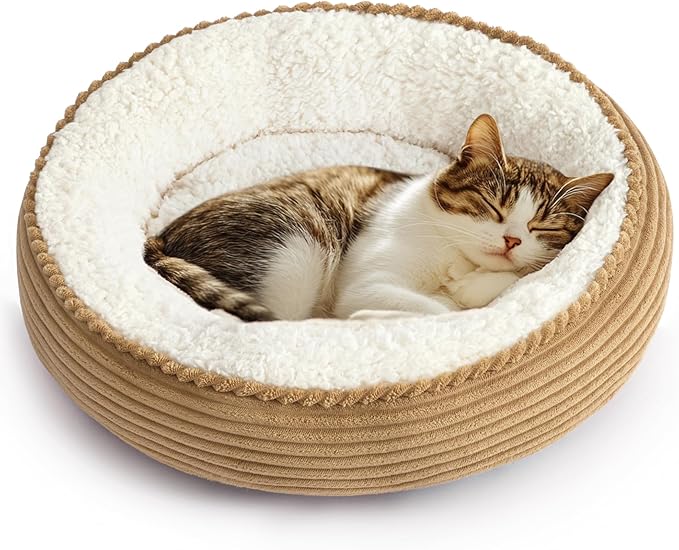 Love's cabin Round Donut Cat and Dog Cushion Bed, 20in Pet Bed for Cats or Small Dogs, Anti-Slip & Water-Resistant Bottom, Super Soft Durable Fabric Pet beds, Washable Luxury Cat Dog Bed Brown Stripe