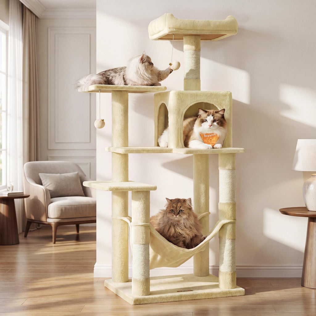 Feandrea Cat Tree, 54.2-Inch Cat Tower, Plush Multi-Level Condo with 4 Scratching Posts, 2 Perches, Hammock, Cave, Beige UPCT161M01