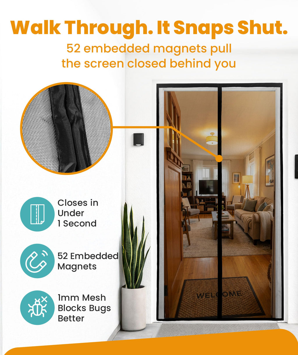 Flux Phenom Heavy Duty Fiberglass Magnetic Screen Door 38 x 82 Inch - Bugs Out, Breeze in - 9min Install Auto-Sealing Double Stitched Mesh, 52 Magnets, Hands Free for Patio Doors, Pet & Kid Friendly