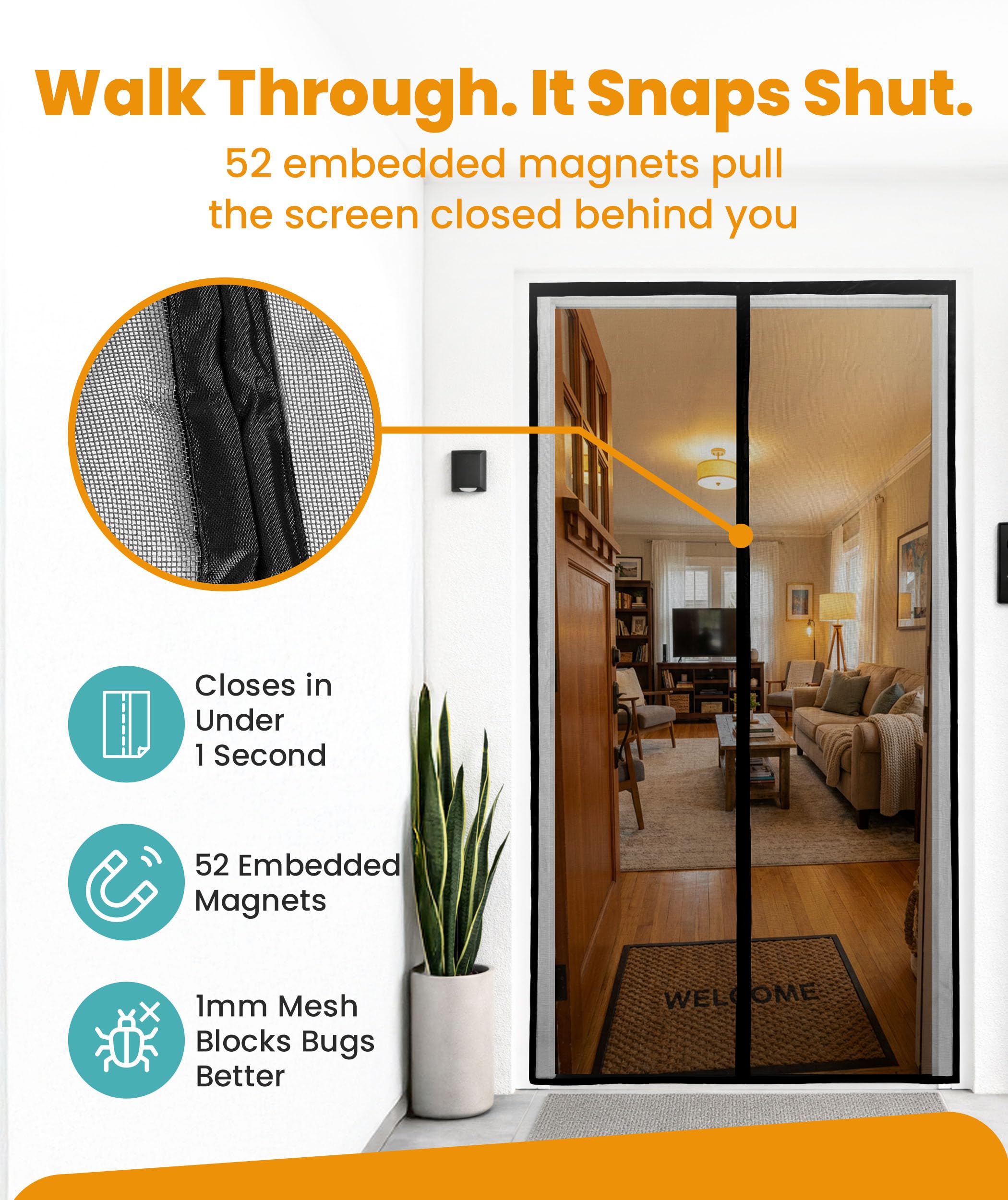 Flux Phenom Heavy Duty Fiberglass Magnetic Screen Door 38 x 82 Inch - Bugs Out, Breeze in - 9min Install Auto-Sealing Double Stitched Mesh, 52 Magnets, Hands Free for Patio Doors, Pet & Kid Friendly