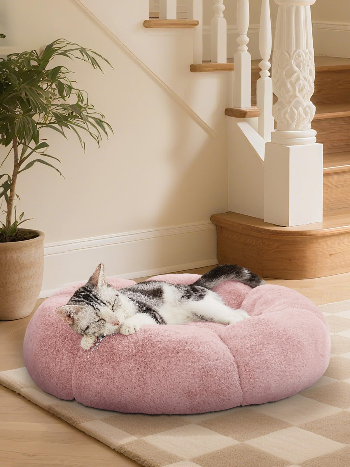 OhGeni 27 inches Calming Donut Dog & Cat Bed for Medium Pets, Warming Comfort Fluffy Short Pile Fur, Durable Machine Washable Round Bed, Cute Round Bed for Puppy and Kitten, Camel