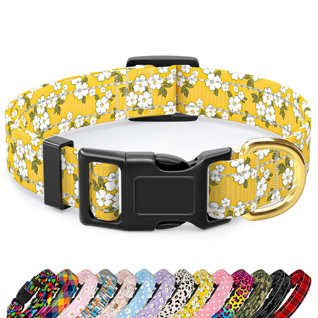 TMOODEL Reflective Adjustable Dog Collar for Medium Dogs, Yellow Flower, M
