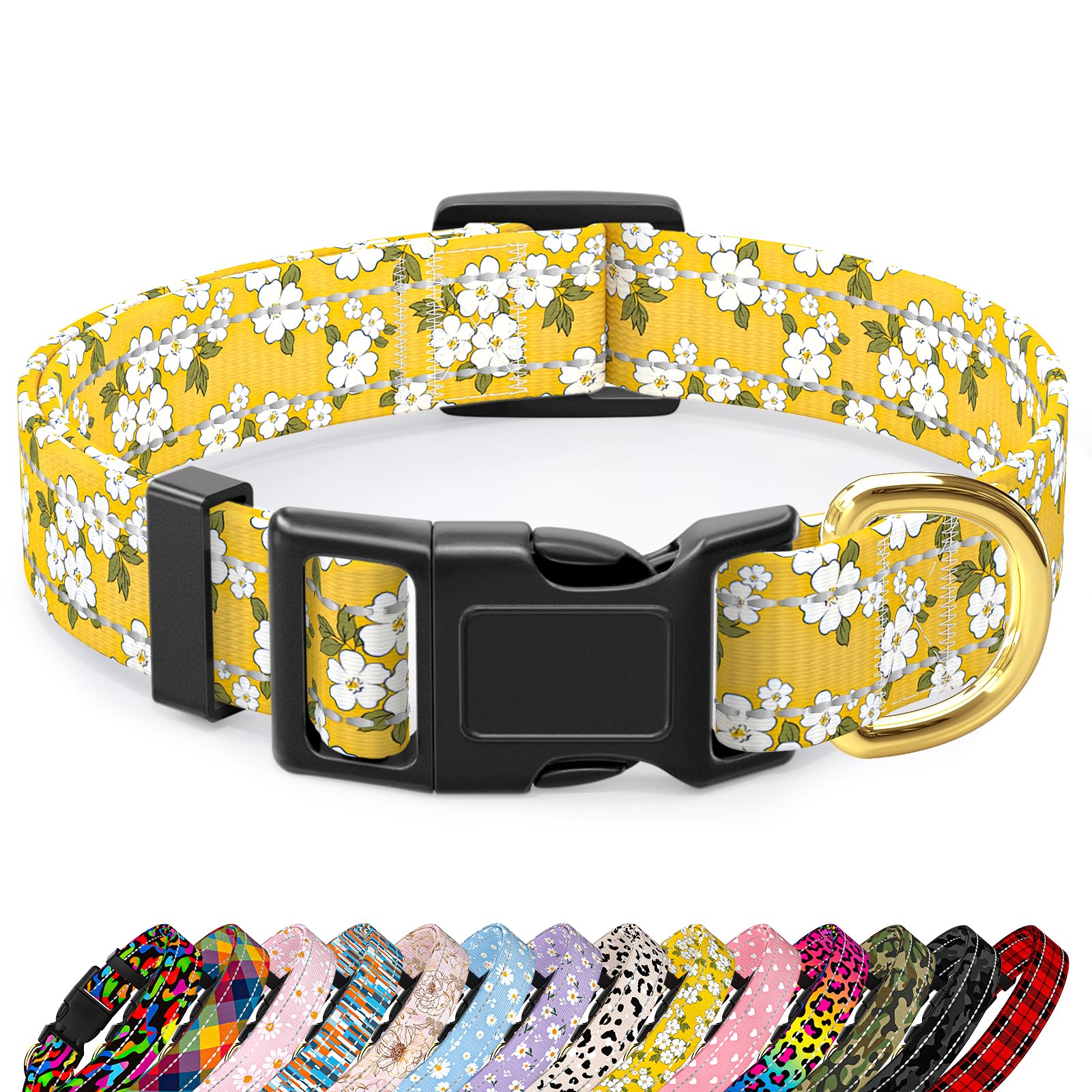 TMOODEL Reflective Adjustable Dog Collar for Medium Dogs, Yellow Flower, M