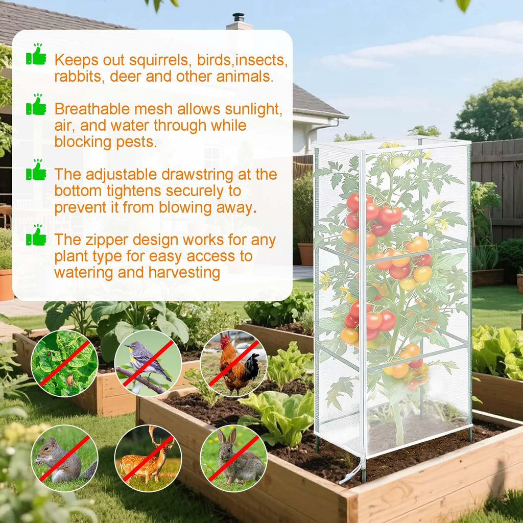 3Pack Garden Netting Cover for Square Tomato Cage, 60"x18.5"Bird Netting Barrier with Zipper Drawstring Tomato Trellis Net Mesh Climbing Plant Cover for Protecting Vegetable Fruits from Animals Insect