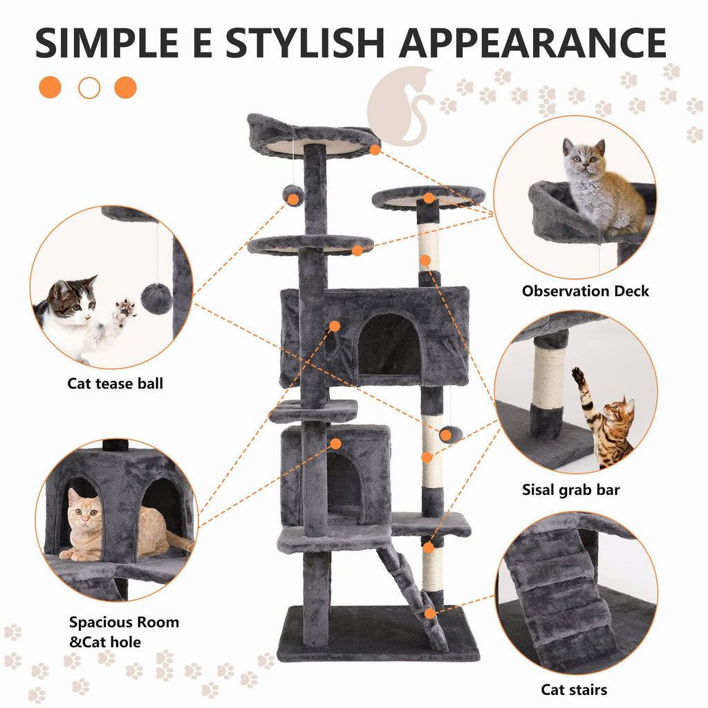 GINMAON Cat Tree for Indoor Cats, Multi-Level Cat Tower with Scratching Posts & Cozy Condo, Space Saving Cat Activity Center, Durable Pet Play House (54in,Light Gray)