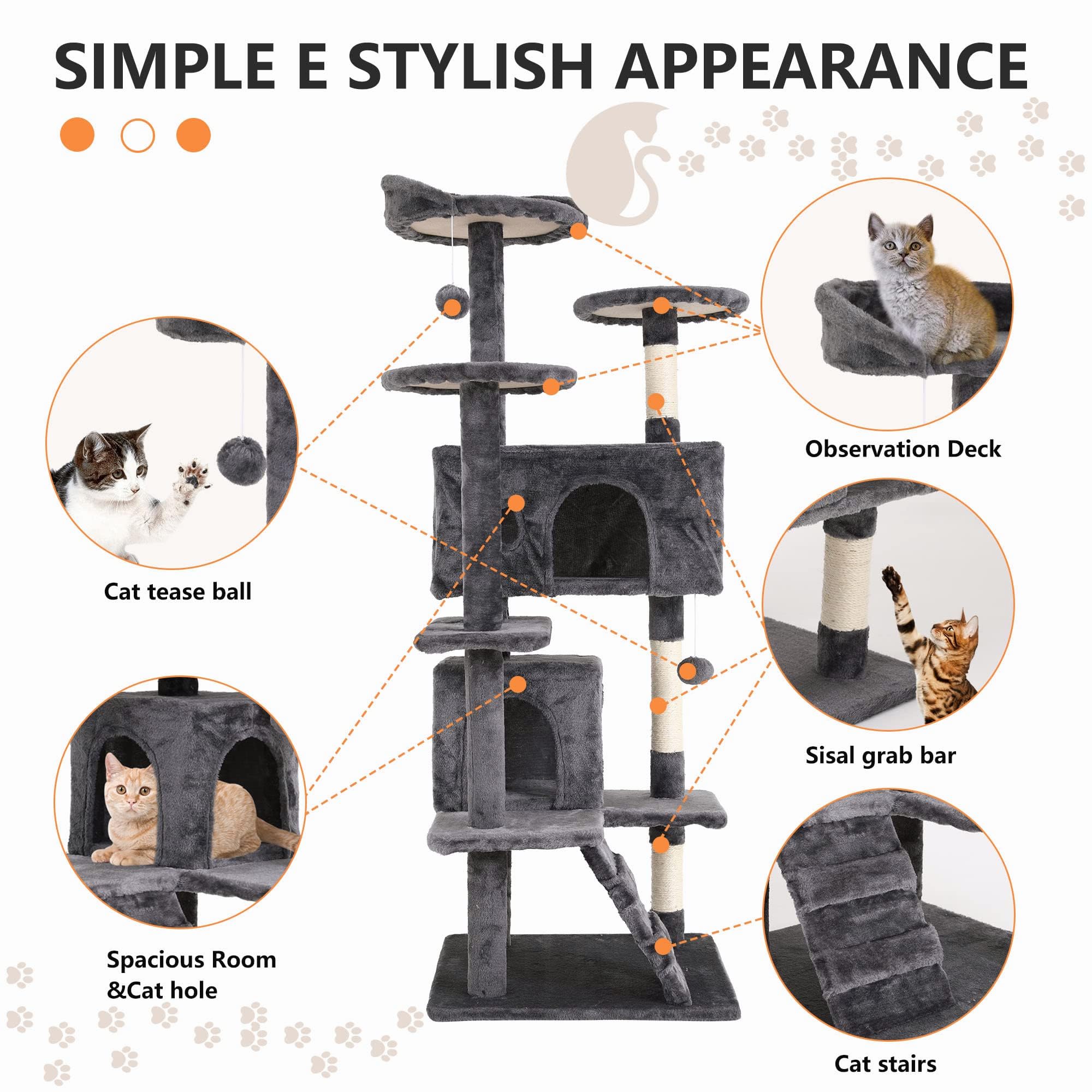 GINMAON Cat Tree for Indoor Cats, Multi-Level Cat Tower with Scratching Posts & Cozy Condo, Space Saving Cat Activity Center, Durable Pet Play House (54in,Light Gray)