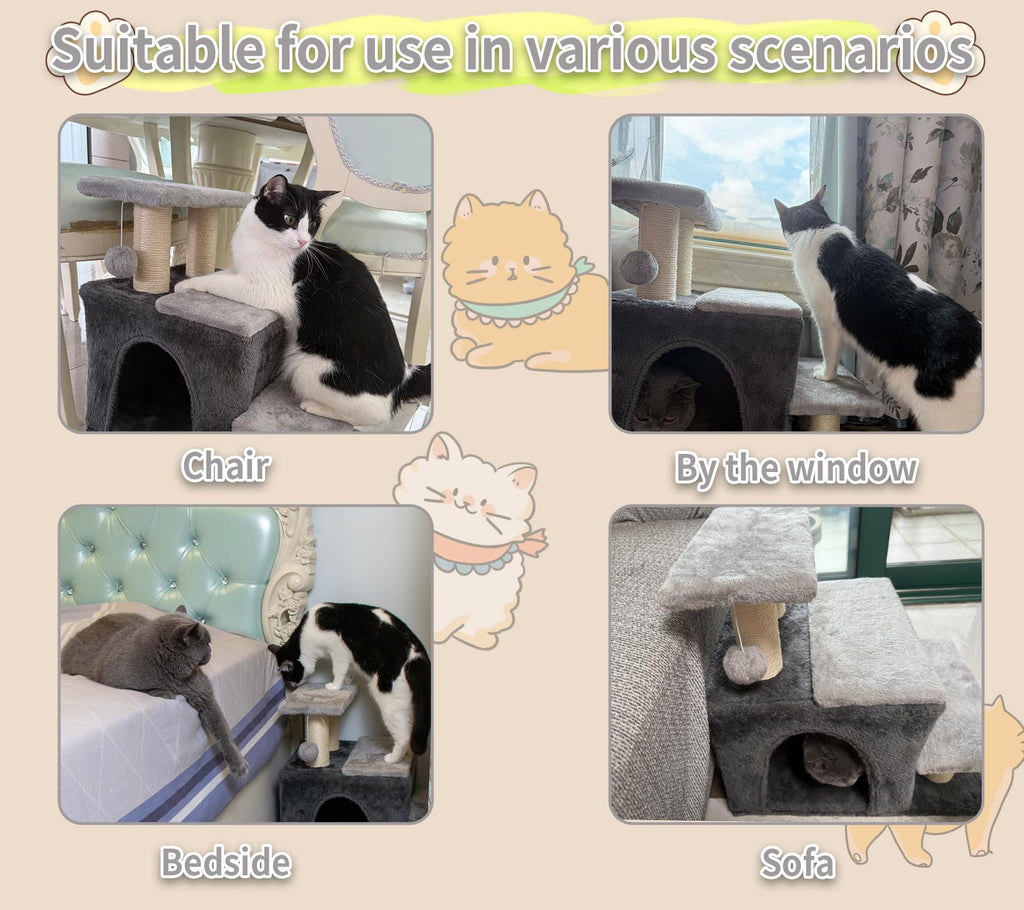 3-in-1 Pet Stairs for Cats for High Bed, Adjustable Dog Steps, Modular 3-Tier, Cushioned Steps & Big Cat Condo, Adjustable Entrance, Dangling Ball, for Kittens, Senior & Fat Cats (Grey, Large)