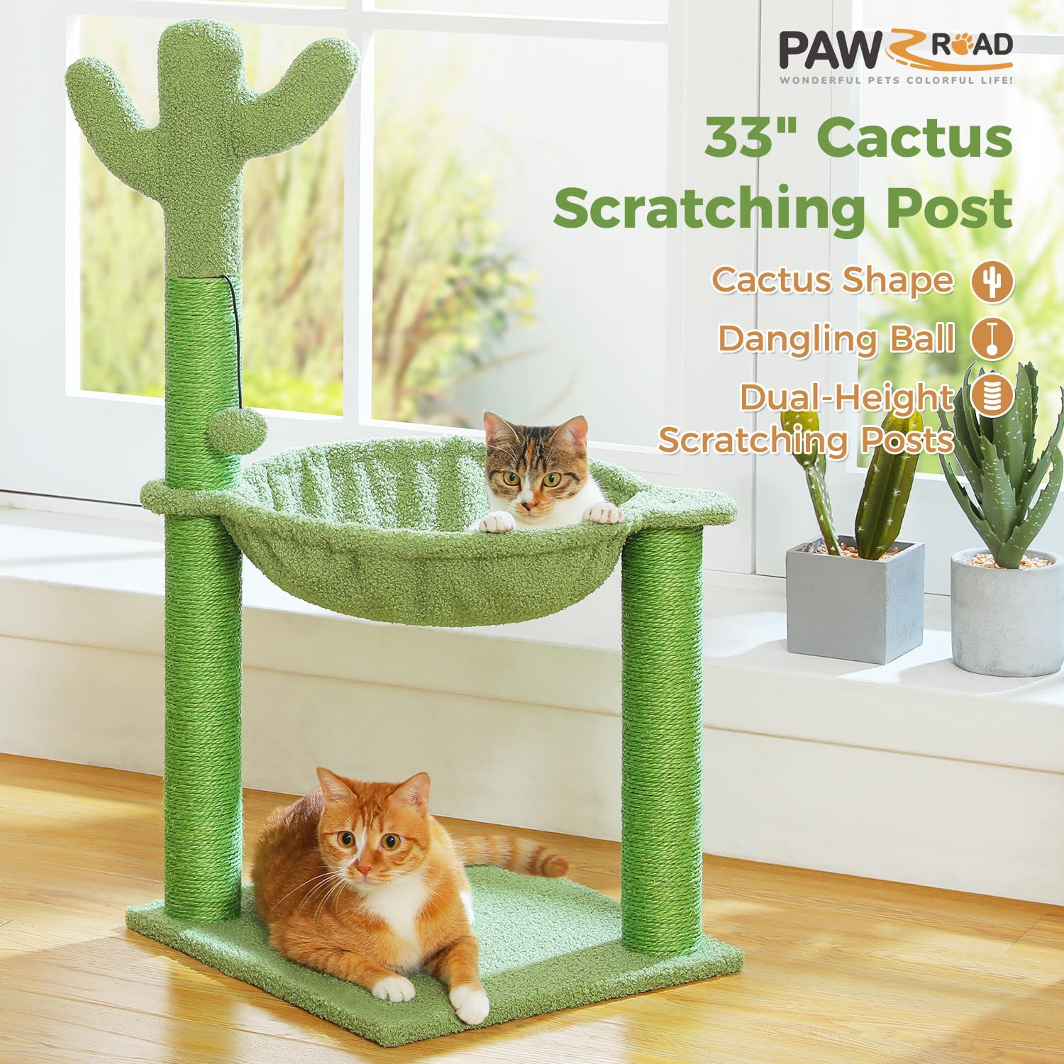 PAWZ Road Cactus Cat Scratching Post, 33" Cat Tree with Hammock & Scratch