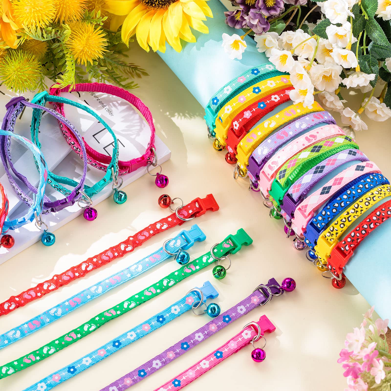 Yunsailing 24 Pcs Dog Collars with Bells for Litter Dog Puppy Soft Nylon Whelping Adjustable Reflective Kitten Collars for Newborn Pets Dogs, Assorted Colors(Cute Pattern)