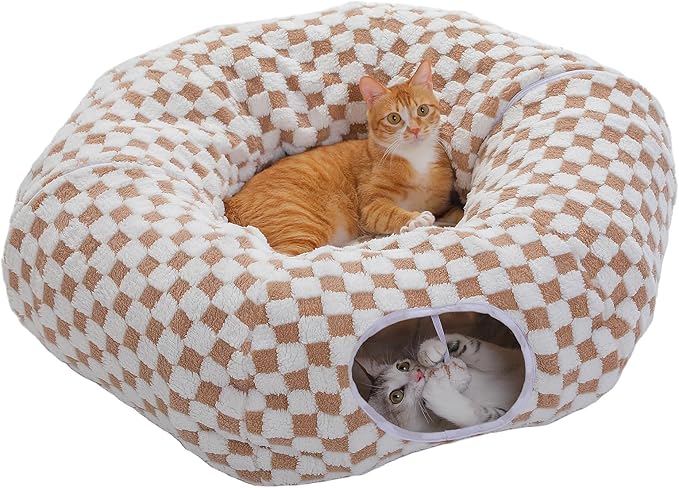 PEQULTI Beige Donut Cat Tunnel Bed Washable Plush Mat Multi for Small Pets