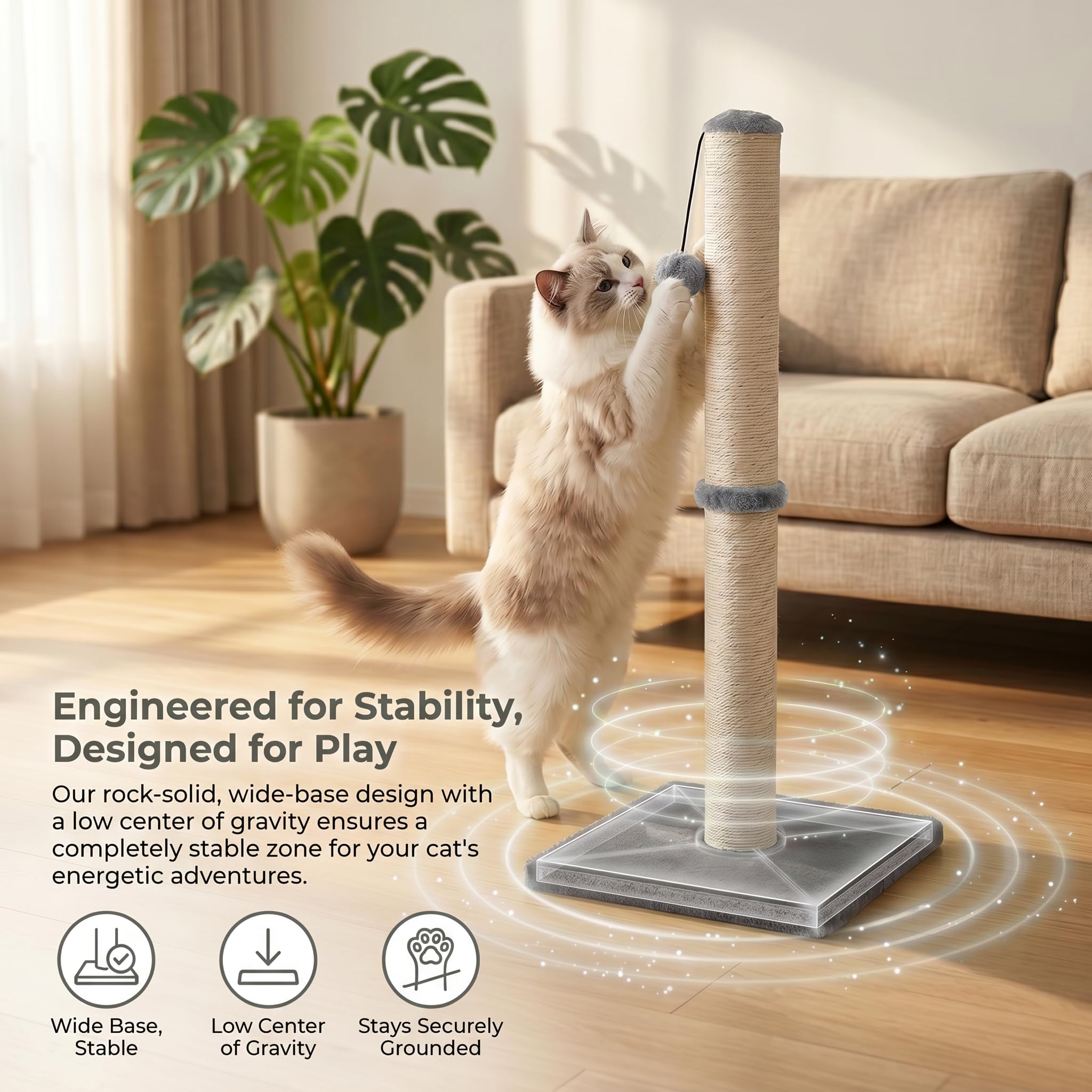 Dimaka 29" Height Tall Cat Scratching Post, Claw Scratcher with Sisal Rope and Covered with Soft Smooth Plush, Vertical Scratch [Full Strectch] for Standard Size Cats(Grey, 29 inches for All Cats)