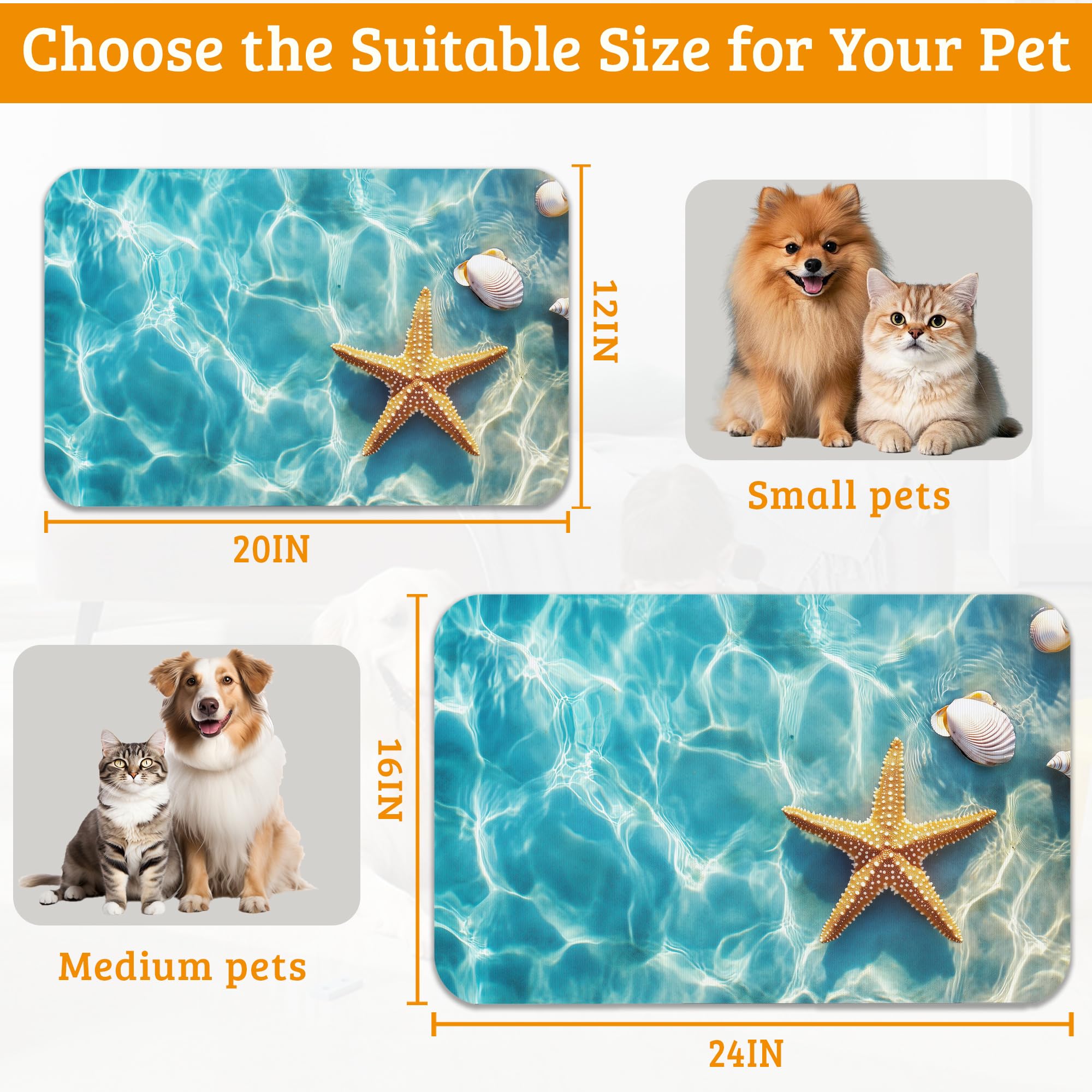 Starfish Shells Dog Cat Food Mat,Sea Beach Absorbent Waterproof Placemat for Food and Water Non Slip Rubber Backing Durable Feeding Pad for Clean Floors 16" x 24"
